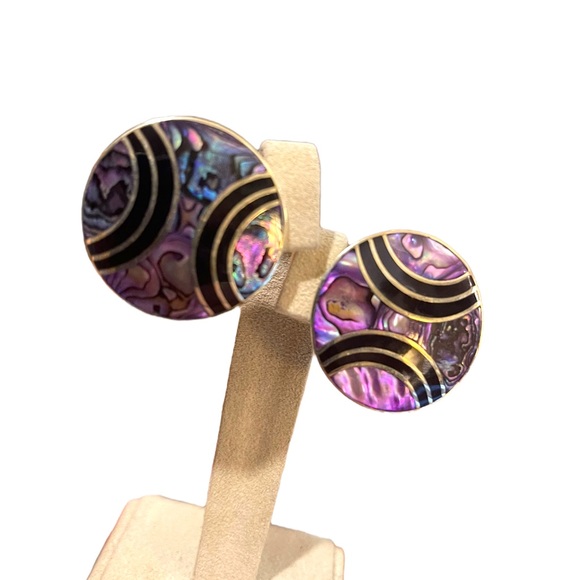 Vintage Purple Abalone inlay Alpaca round earrings pierced mexico black onyx - Picture 3 of 6